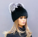 Mink Fur Beanie Hat with Ears, Black Fluffy Hat with Pompoms, Womens Furry Winter Hat, Cute Knitted Fur Hat with Pompom, Teen Girl Headwear