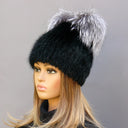 Mink Fur Beanie Hat with Ears, Black Fluffy Hat with Pompoms, Womens Furry Winter Hat, Cute Knitted Fur Hat with Pompom, Teen Girl Headwear