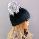 Mink Fur Beanie Hat with Ears, Black Fluffy Hat with Pompoms, Womens Furry Winter Hat, Cute Knitted Fur Hat with Pompom, Teen Girl Headwear