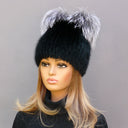 Mink Fur Beanie Hat with Ears, Black Fluffy Hat with Pompoms, Womens Furry Winter Hat, Cute Knitted Fur Hat with Pompom, Teen Girl Headwear