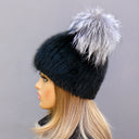 Mink Fur Beanie Hat with Ears, Black Fluffy Hat with Pompoms, Womens Furry Winter Hat, Cute Knitted Fur Hat with Pompom, Teen Girl Headwear
