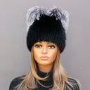 Mink Fur Beanie Hat with Ears, Black Fluffy Hat with Pompoms, Womens Furry Winter Hat, Cute Knitted Fur Hat with Pompom, Teen Girl Headwear