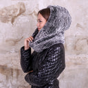 Knitted Fur Hood, Silver Rex Rabbit Hooded Scarf, Hood and Fingerless Mittens Set, Fur Neck Warmer, Convertible Fur Scarf, Gift For Sister