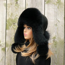 Real fur trapper hat, Black fox fur hat woman, Aviator fur hat, Fluffy head warmer, Winter headwear, Leather ushanka, Fur hat with ear flaps