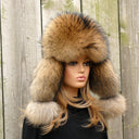 Oversized Ushanka For Woman, Real Raccoon Fur Trapper Hat Women, Fluffy Aviator Hat, Fur Bomber Hat, Leather Warm Hat, Cold Weather Hat