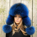 Real Raccoon Blue Fur Hat, Fluffy Trapper Style, Handmade Winter Headwear, Big Pom Poms, Thick Soft Fur, Bold Ushanka for Women, Warm Full F