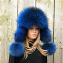 Real Fox Blue Fur Hat, Fluffy Trapper Style, Handmade Winter Headwear, Big Pom Poms, Thick Soft Fur, Bold Ushanka for Women, Warm Full Fur