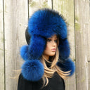 Real Raccoon Blue Fur Hat, Fluffy Trapper Style, Handmade Winter Headwear, Big Pom Poms, Thick Soft Fur, Bold Ushanka for Women, Warm Full F