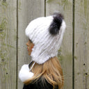 Black Real Fur Hat with Ears, Fox Fur Hat for Her, Knitted Beanie Pom Pom Hat, Funny Winter Hat, Warm Ear Flap Hat, Gift for Teen Daughter