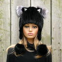 Black Real Fur Hat with Ears, Fox Fur Hat for Her, Knitted Beanie Pom Pom Hat, Funny Winter Hat, Warm Ear Flap Hat, Gift for Teen Daughter