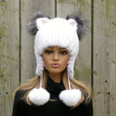Black Real Fur Hat with Ears, Fox Fur Hat for Her, Knitted Beanie Pom Pom Hat, Funny Winter Hat, Warm Ear Flap Hat, Gift for Teen Daughter