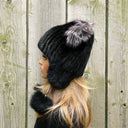 Black Real Fur Hat with Ears, Fox Fur Hat for Her, Knitted Beanie Pom Pom Hat, Funny Winter Hat, Warm Ear Flap Hat, Gift for Teen Daughter