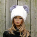 White Mink Hat with Pompoms, Mink Fur Beanie Hat, Mink Hat for Women with Ears, Cute Winter Hat, Knitted Fur Hat with Pompom, Teen Girl Hat