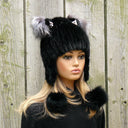Black Real Fur Hat with Ears, Fox Fur Hat for Her, Knitted Beanie Pom Pom Hat, Funny Winter Hat, Warm Ear Flap Hat, Gift for Teen Daughter