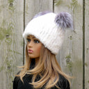 White Mink Hat with Pompoms, Mink Fur Beanie Hat, Mink Hat for Women with Ears, Cute Winter Hat, Knitted Fur Hat with Pompom, Teen Girl Hat