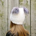 White Mink Hat with Pompoms, Mink Fur Beanie Hat, Mink Hat for Women with Ears, Cute Winter Hat, Knitted Fur Hat with Pompom, Teen Girl Hat