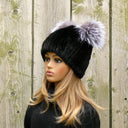 White Mink Hat with Pompoms, Mink Fur Beanie Hat, Mink Hat for Women with Ears, Cute Winter Hat, Knitted Fur Hat with Pompom, Teen Girl Hat
