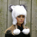 Black Real Fur Hat with Ears, Fox Fur Hat for Her, Knitted Beanie Pom Pom Hat, Funny Winter Hat, Warm Ear Flap Hat, Gift for Teen Daughter