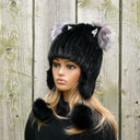 Black Real Fur Hat with Ears, Mink Hat for Women, Knitted Beanie Pom Pom Hat, Winter Headwear, Warm Ear Flap Hat, Gift for Daughter or Niece