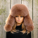 Beige Fox Fur Hat with Ear Flaps, Womens Leather Ushanka, Fur Winter Hat for Her, Warm Fluffy Fur Hat, Wife Anniversary Gift Fur Trapper Hat