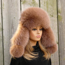 Beige Fox Fur Hat with Ear Flaps, Womens Leather Ushanka, Fur Winter Hat for Her, Warm Fluffy Fur Hat, Fur Trapper Hat for Women, Mom Gift