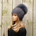 Real Fur Hat with Large Pompom, Ladies Mink Beanie, Gray-Blue Winter Headwear, Black Friday Sale, Christmas Gift for Daughter