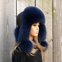 Real Fox Fur Trapper Hat, Dark Blue Fur Winter Hat, Aviator Hat For Her, Warm Fur & Lined Headwear, Hat With Earflaps, Ukrainian Ushanka