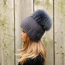 Real Fur Hat with Large Pompom, Ladies Mink Beanie, Gray-Blue Winter Headwear, Black Friday Sale, Christmas Gift for Daughter