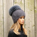 Real Fur Hat with Large Pompom, Ladies Mink Beanie, Gray-Blue Winter Headwear, Black Friday Sale, Christmas Gift for Daughter