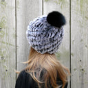 Knitted Rabbit Fur Hat with Fox Fur Pompom, Winter Ladies Hat, Fluffy Black or Silver Hat, Real Rabbit Fur, Christmas Gift for Sister