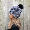 Knitted Rabbit Fur Hat with Fox Fur Pompom, Winter Ladies Hat, Fluffy Black or Silver Hat, Real Rabbit Fur, Christmas Gift for Sister
