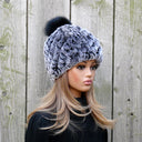 Knitted Rabbit Fur Hat with Fox Fur Pompom, Winter Ladies Hat, Fluffy Black or Silver Hat, Real Rabbit Fur, Christmas Gift for Sister
