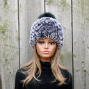 Knitted Rabbit Fur Hat with Fox Fur Pompom, Winter Ladies Hat, Fluffy Black or Silver Hat, Real Rabbit Fur, Christmas Gift for Sister