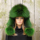 Hot Green Fur Trapper Hat for Women, Oversized Fuzzy Winter Head Warmer, Raccoon Aviator Hat, Fluffy Ushanka, Leather Hat, Gift For Sister