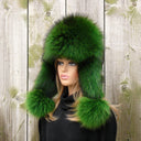 Hot Green Fur Trapper Hat for Women, Oversized Fuzzy Winter Head Warmer, Raccoon Aviator Hat, Fluffy Ushanka, Leather Hat, Gift For Sister