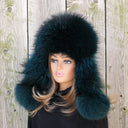 Dark Green Furry Trapper Hat For Her, Fuzzy Earflap Hat, Emerald Women's Winter Hat, Raccoon Fur & Leather Bomber Hat, Fluffy Aviator Hat