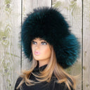 Dark Green Furry Trapper Hat For Her, Fuzzy Earflap Hat, Emerald Women's Winter Hat, Raccoon Fur & Leather Bomber Hat, Fluffy Aviator Hat