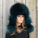 Dark Green Furry Trapper Hat For Her, Fuzzy Earflap Hat, Emerald Women's Winter Hat, Raccoon Fur & Leather Bomber Hat, Fluffy Aviator Hat