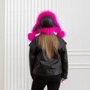 Pink Raccoon Fur Winter Hat For Her, Real Fur & Leather Trapper Hat, Fuchsia Black Ushanka, Women Bomber Hat, Warm Furry Hat, Christmas Gift