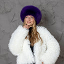 Purple Fox Fur Hat, Black Leather Mongolian Hat, Warm Fuzzy Hat, Winter Headwear, Real Fur Pill Box Hat, Violet Fuzzy Hat, Mom Birthday Gift
