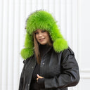 Neon Green Trapper Hat, Real Raccoon Fur & Leather Hat With Earflaps, Oversized Winter Hat, Cold Weather Ushanka, Vibrant Hat For Teen Girl
