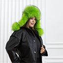 Neon Green Trapper Hat, Real Raccoon Fur & Leather Hat With Earflaps, Oversized Winter Hat, Cold Weather Ushanka, Vibrant Hat For Teen Girl