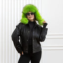 Neon Green Trapper Hat, Real Raccoon Fur & Leather Hat With Earflaps, Oversized Winter Hat, Cold Weather Ushanka, Vibrant Hat For Teen Girl