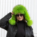 Neon Green Trapper Hat, Real Raccoon Fur & Leather Hat With Earflaps, Oversized Winter Hat, Cold Weather Ushanka, Vibrant Hat For Teen Girl