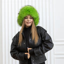 Neon Green Trapper Hat, Real Raccoon Fur & Leather Hat With Earflaps, Oversized Winter Hat, Cold Weather Ushanka, Vibrant Hat For Teen Girl
