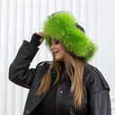 Neon Green Trapper Hat, Real Raccoon Fur & Leather Hat With Earflaps, Oversized Winter Hat, Cold Weather Ushanka, Vibrant Hat For Teen Girl
