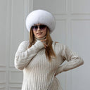 White Fox Fur Hat with Black Tips, Real Fox Fur & Leather Mongolian Hat, Fashion Pill Box Hat, Cozy Fluffy Hat, Warm Furry Hat, Gift For Mom