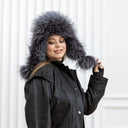Oversized Gray Fur Trapper Hat, Real Raccoon Fur Bomber Hat, Silver Leather Aviator hat, Women Winter Hat, Fluffy Ushanka, Ear Flaps Hat