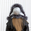 Oversized Gray Fur Trapper Hat, Real Raccoon Fur Bomber Hat, Silver Leather Aviator hat, Women Winter Hat, Fluffy Ushanka, Ear Flaps Hat