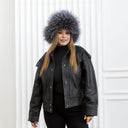 Oversized Gray Fur Trapper Hat, Real Raccoon Fur Bomber Hat, Silver Leather Aviator hat, Women Winter Hat, Fluffy Ushanka, Ear Flaps Hat